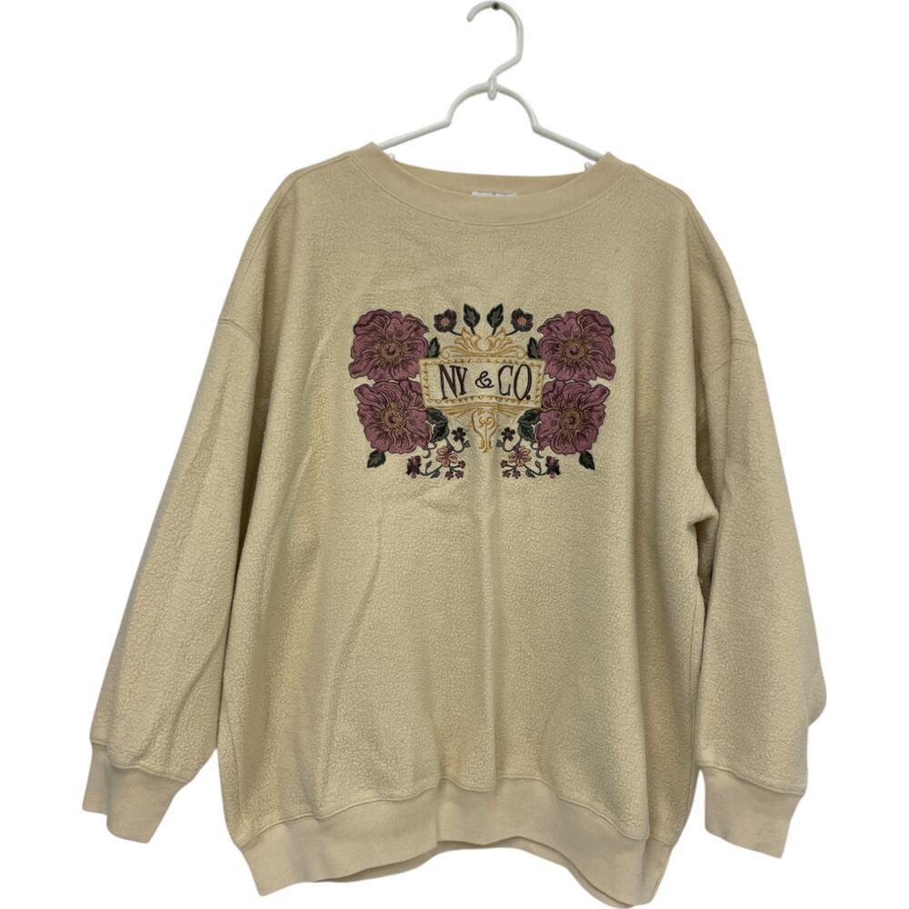 NY Co Pullover Sweatshirt Womens Size M Beige Floral Embroidered Long Sleeve